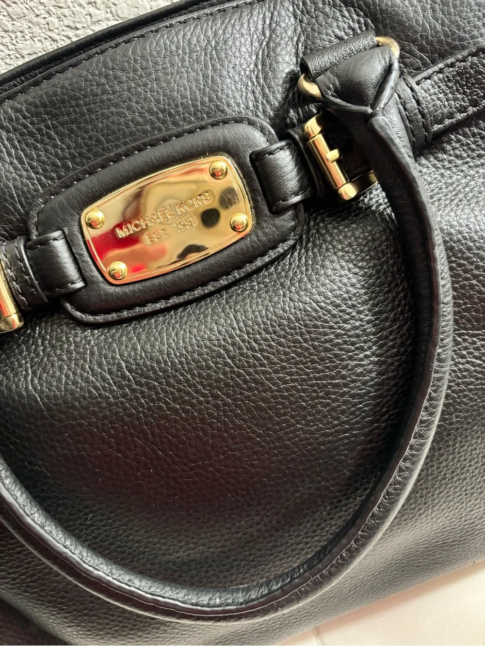 Michael Kors Black Leather Satchel with Gold Plate Accents